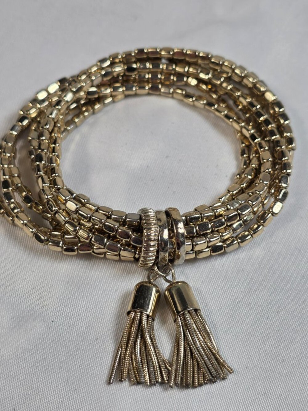 Gold-Tone Multi-Strand Beaded Bracelet Faceted Cube Beads Double Tassels